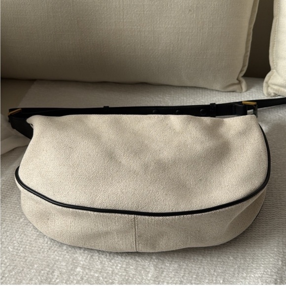 Zara linen off white ecru & black trim contrast oval crescent shoulder bag purse - Picture 7 of 8